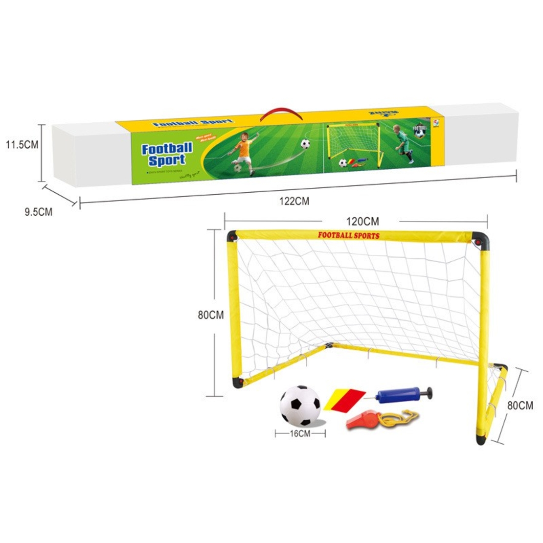 Set Poarta de Fotbal pentru Copii, Flippy, 80x120 cm, Minge, Cartonase, Pompa, Fluier, Interactiv, Distractiv, Galben