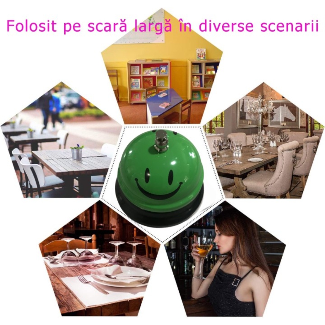 Clopotel Metalic Multifunctional, Flippy, Verde cu Imprimeu Smiley Face, 7.5x7.5x6.5 cm, Receptie, Restaurant, Cafenele