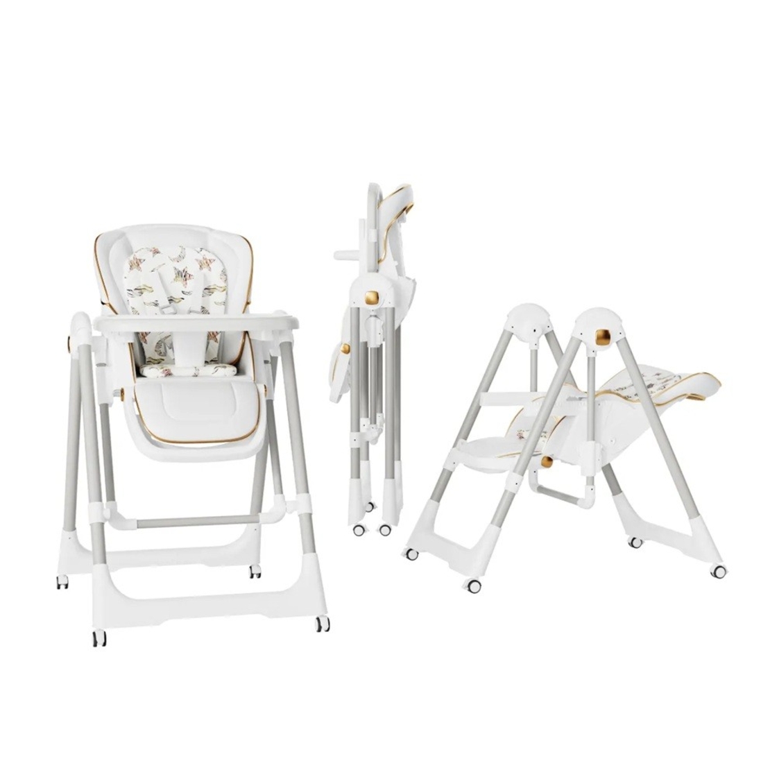 Scaun de Masa 2in1, Flippy, pentru Copii 6 luni - 4 Ani, Pliabil, cu Roti, Balansoar, Leagan, Reglabil, Tava de Masa Dubla, Centura in 5 Puncte, 96 x 56 x 76 cm, Alb