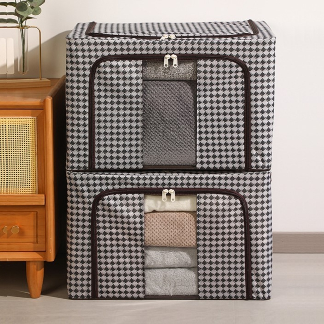 Cutie de Depozitare Pliabila, Flippy, Cu fermoar Bidirectional, 24 L, Textil, 40x30x20 cm, Cadru Metalic, o Fereastra, Suport Baza Stabil din Plastic, Design Zebra, Alb Negru