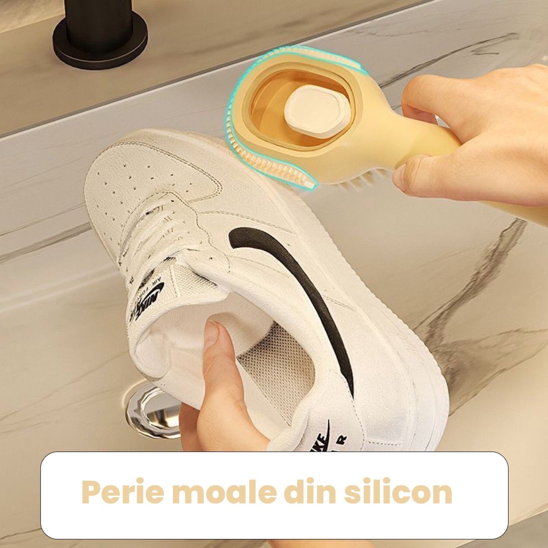 Perie pentru Curatare Incaltaminte cu Recipient pentru Detergent, Flippy, Perie Multifunctionala pentru Incaltaminte si Lenjerie, cu Peri Moi, Fara Deteriorare, 22x6x4 cm, Galben