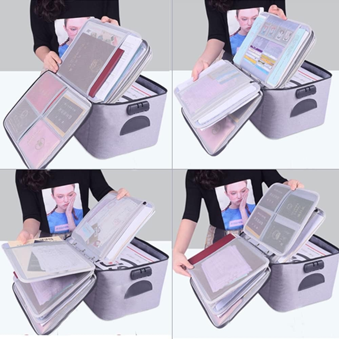 Geanta Flippy pentru Depozitare Acte si Documente, Facturi, Carduri, cu Cod de Securitate, 5 Compartimente, Impermeabila, 37 x 20 x 27 cm, Gri