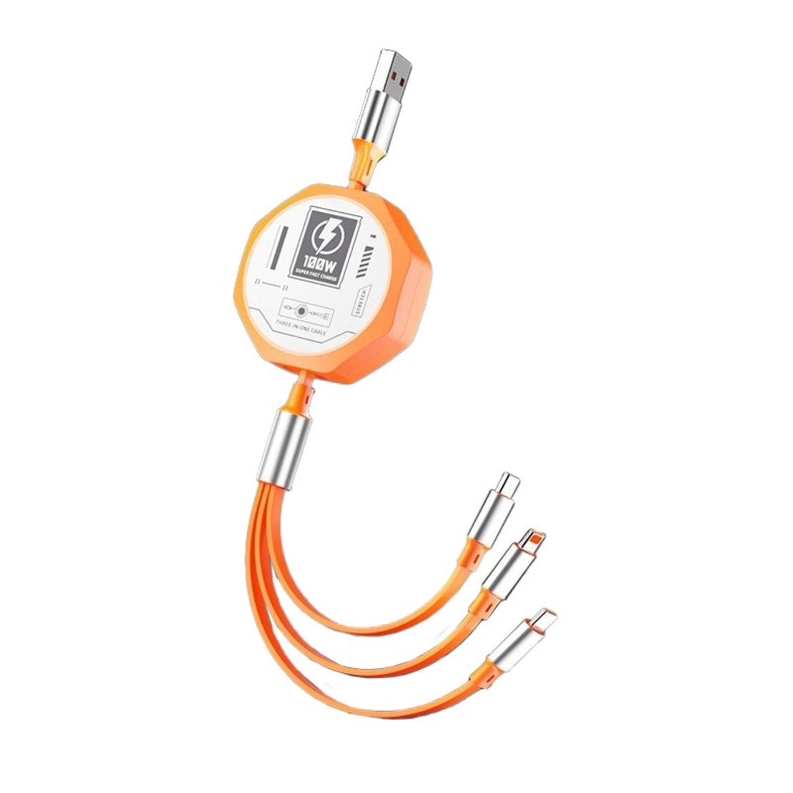 Cablu Retractabil 3in 1 pentru Telefon, Flippy, Cablu de incarcare rapida 100W, stil Mecha, potrivit pentru Auto, Universal 1.2M, Portocaliu