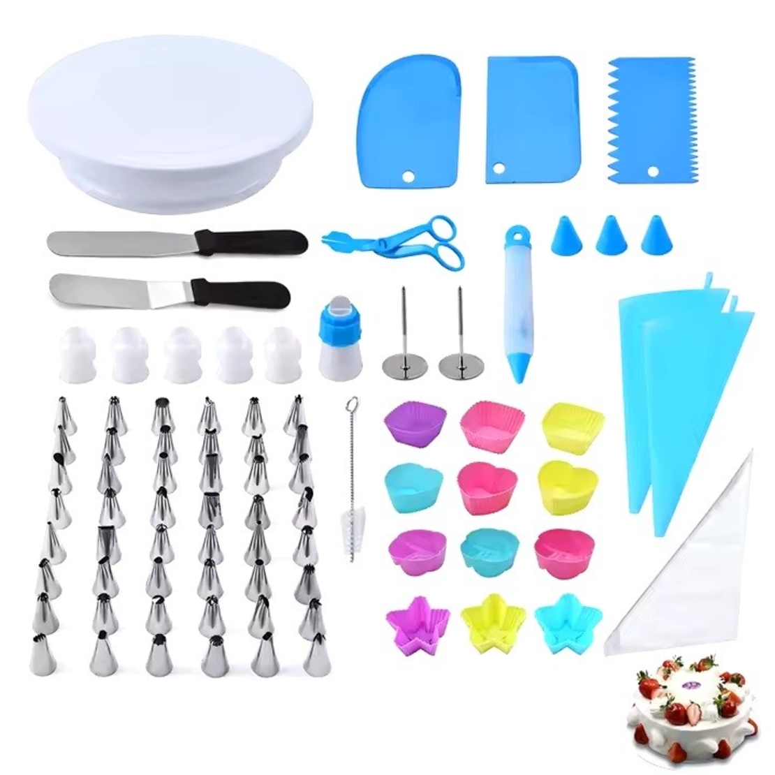 Set 80 Piese Ustensile pentru Ornare Prajituri, Flippy, din Plastic si Otel Inoxidabil, Forme Briose, Multicolor