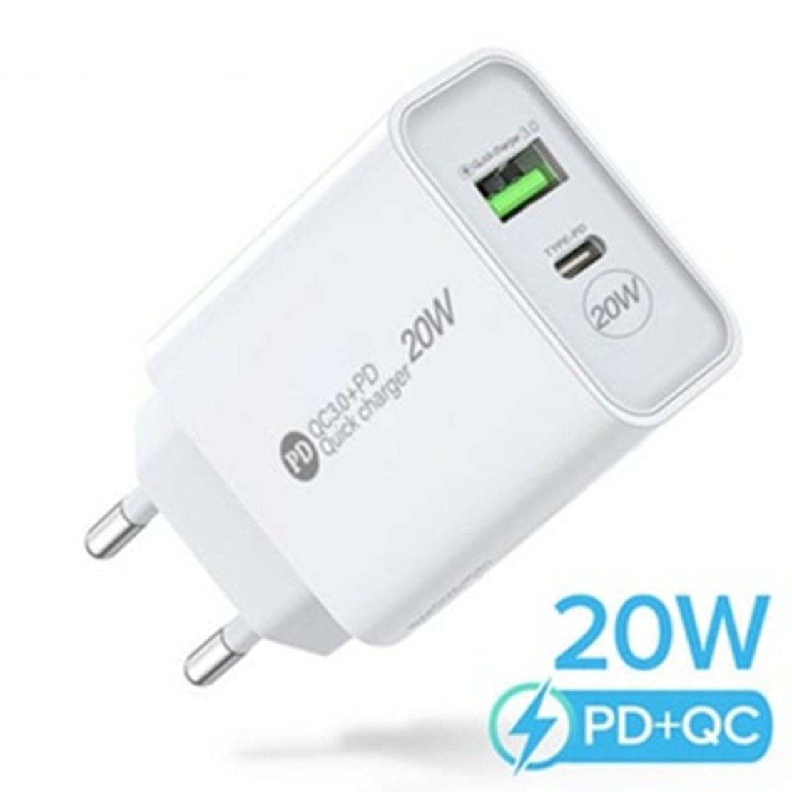 Incarcator Rapid PD QC3.0, Flippy, 2 Porturi, USB + Type C, 20W, Incarcare Rapida, Protectie Supraincalzire, 9.5 x 5.3 x 5.8 cm, Alb