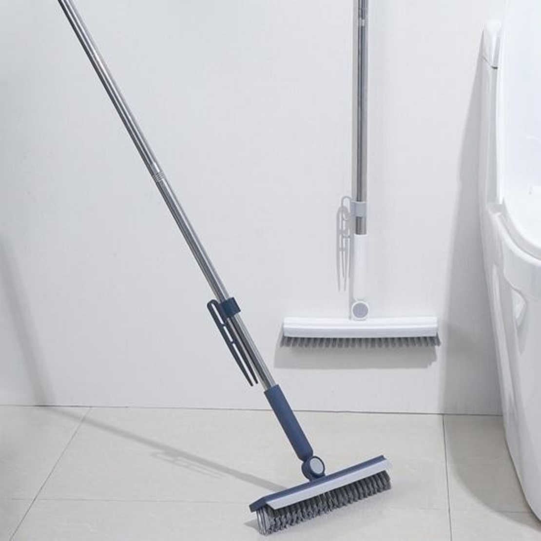 Perie de Curatare pentru Podele si Rosturi, Flippy, Lungime Maner 105 cm, Capat Pivotant 180 Grade, Peri din PP, Otel si Plastic, Cleste pentru Scame si Par Inclus, Albastru