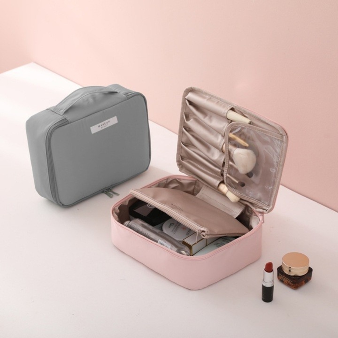 Geanta de Calatorie, Flippy, pentru Cosmetice si Articole de Toaleta, Material Impermeabil, 2 in 1, Portfard Interior Detasabil, 23 x 16 x 8 cm, Gri