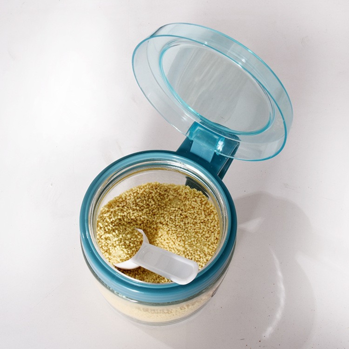 Recipient Condimente, Flippy, din Stilca, 180 ml, cu Maner si Lingurita, 8 x 9 cm, Capac Transparent, Albastru