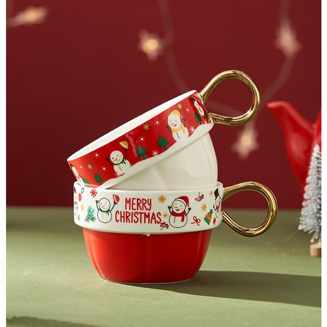 Set de Ceai, Flippy, Tema Craciun, Ceainic 450 ml, 2 x Cani 250 ml, din Ceramica, Model Ren Merry Christmas, Alb/Verde