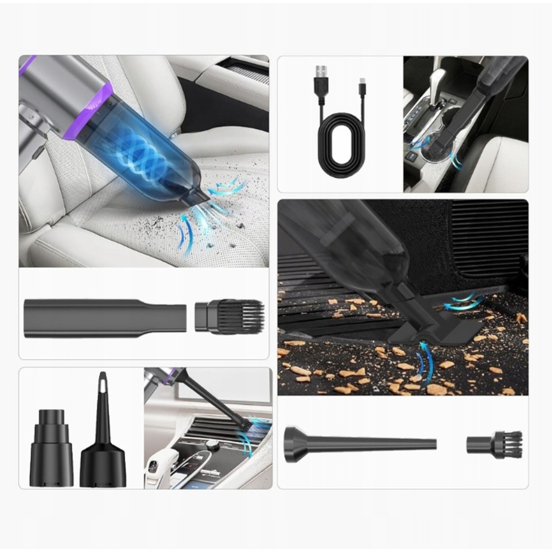 Aspirator Portabil Auto, Flippy, pentru Casa si Masina, 3 Viteze, Incarcator Tip-C cu Incarcare Rapida, Tub Prelungitor, 2000mAh, 7 Capete de Aspirare si Suflare, 21x20x6.5 cm, Argintiu Mov