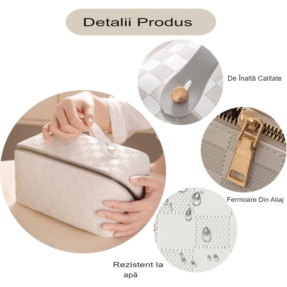 Geanta de Calatorie Flippy, Pentru Cosmetice, Portabila, Impermeabila, din Piele Ecologica, Compartimente Multiple, cu Fermoar, 22 x 13 x 12.5 cm, In Carouri, Alb