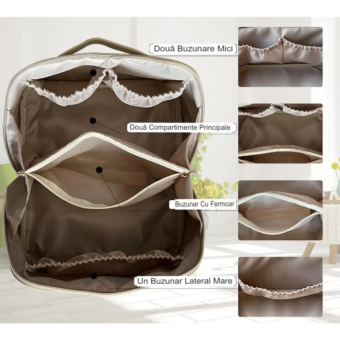 Geanta de Calatorie Flippy, Pentru Cosmetice, Portabila, Impermeabila, din Piele Ecologica, Compartimente Multiple, cu Fermoar, 23 x 11.5 x 10.5 cm, Crem