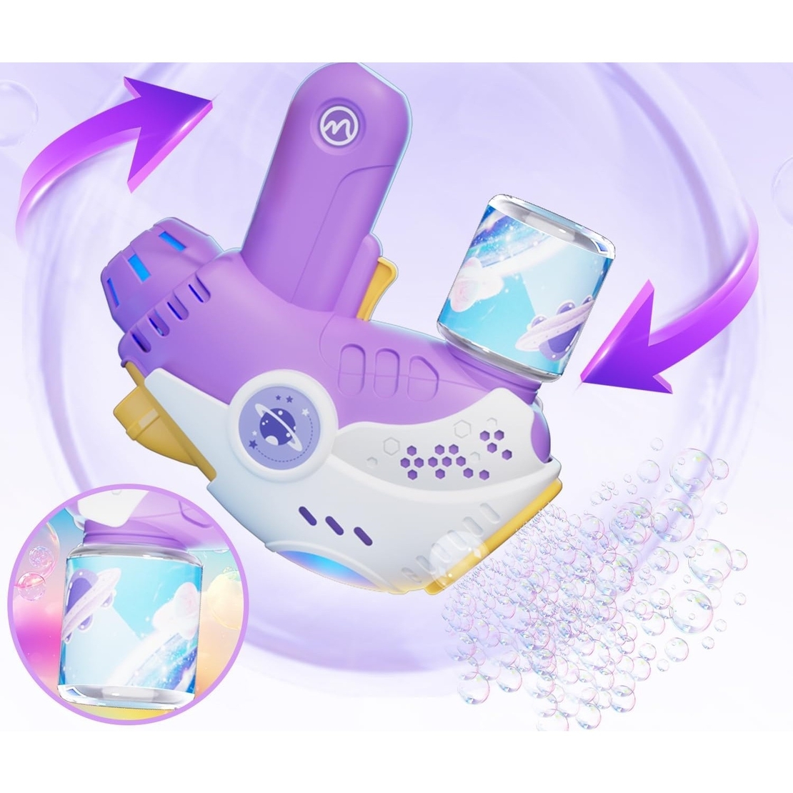 Jucarie Interactiva pentru Baloane de Sapun, Flippy, Sunete si Lumini, Model Pistol, cu 8 Orificii, 19 x 8.8 x 16.3 cm, Mov