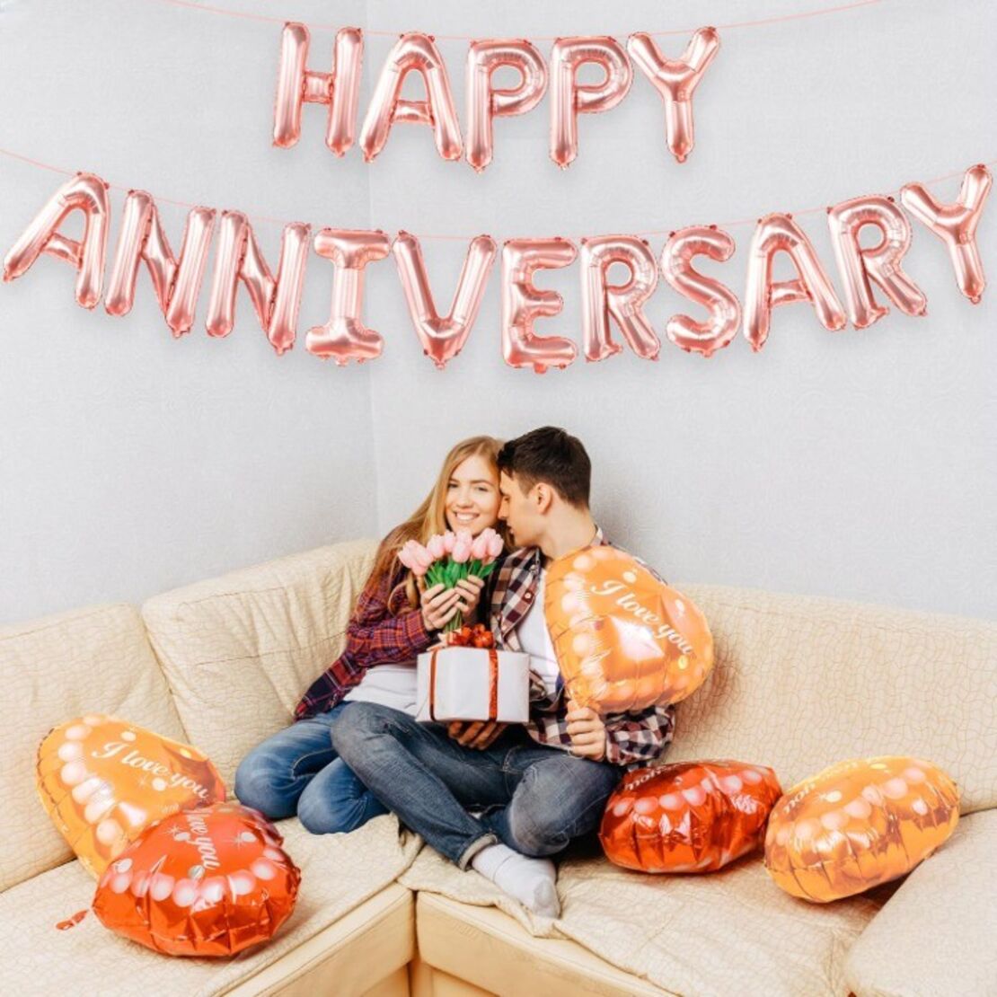 Set Baloane din Folie Metalizata, Flippy, Model Happy Anniversary, Litere de 40 cm, Baloane Party, Ambalaj Individual, Pai Inclus, Umflare cu Aer sau Heliu, Roz