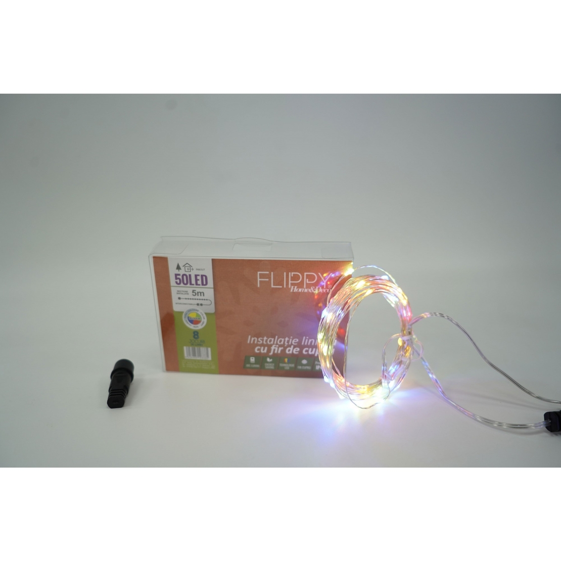 Instalatie Craciun, 25 m, 250 Led-uri, Liniara, Multicolor, 8 jocuri de lumini, Transformator, Interconectabila, Prelungitor 3 m inclus, Fir Cupru, Flippy