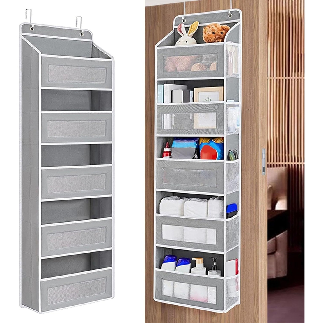 Organizator Suspendat pentru Usi, Flippy, din Nailon si Plasa, Baza de Carton Ingrosat, 5 Buzunare Principale + 5 Buzunare Laterale, 146 x 40 x 17 cm, 2 Carlige Incluse, Gri