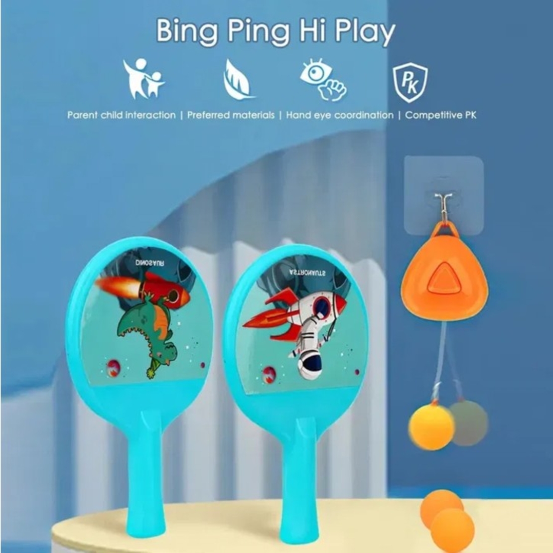 Set 2 Palete de Tenis de Masa, Flippy, pentru Copii, Design Animat, Tematica Astronauti, Accesoriu de Agatat Inclus si 2 Mingi, Albastru