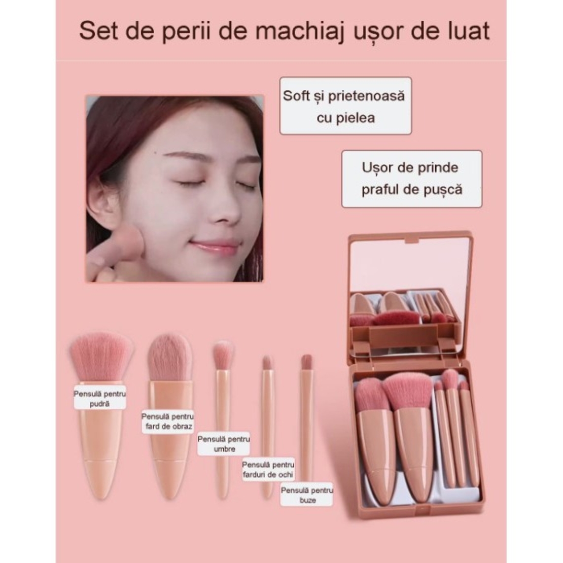 Set 5 Mini Pensule de Machiaj, Flippy, Portabile, in Carcasa cu Oglinda, din Par Sintetic Moale, Roz Pastel, 12x7x2.5 cm