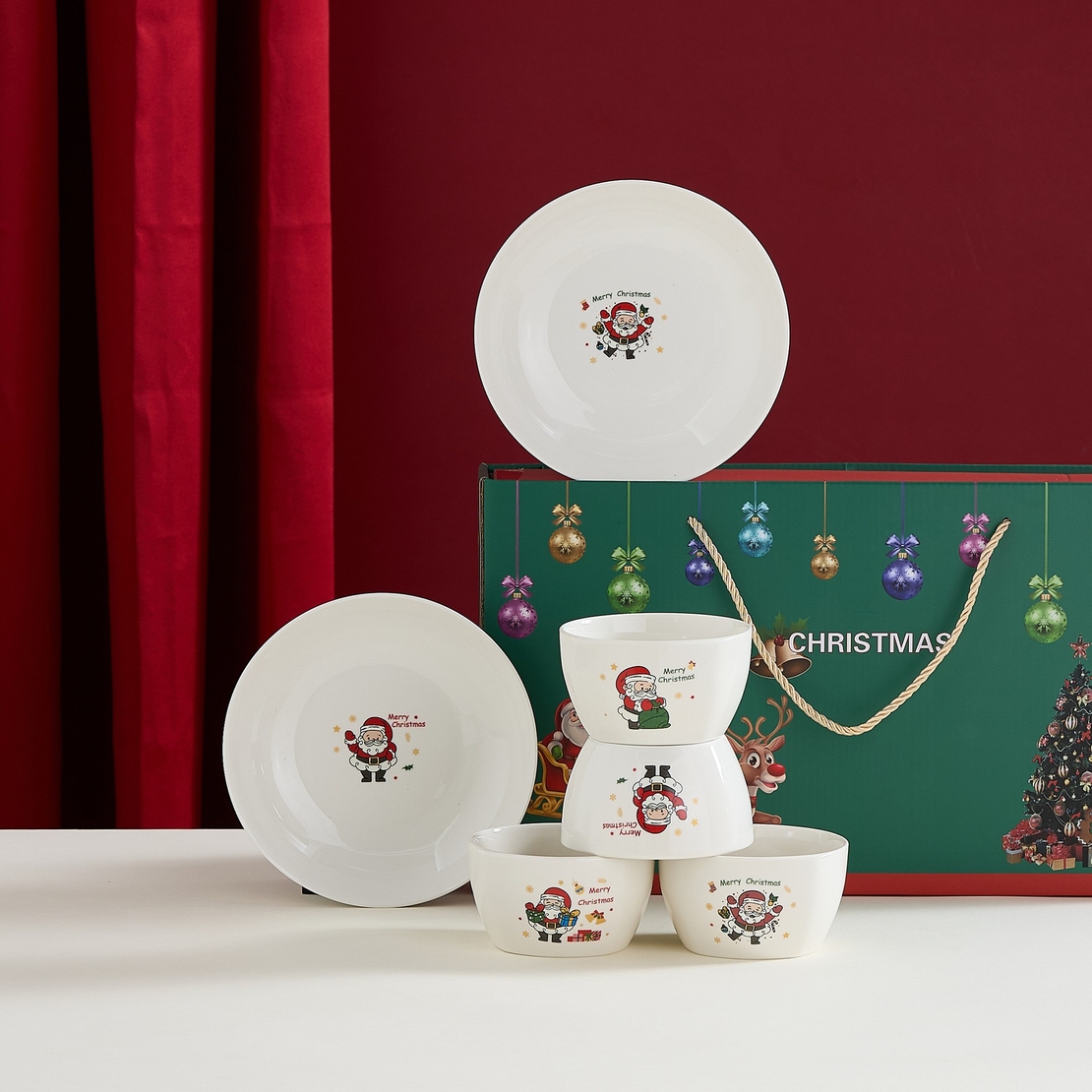 Set Vesela Festiva, Flippy, Tema Craciun, 4 x Boluri 300 ml, 2 x Farfurii 18 x 3.4 cm, din Ceramica, Model 3, Multicolor