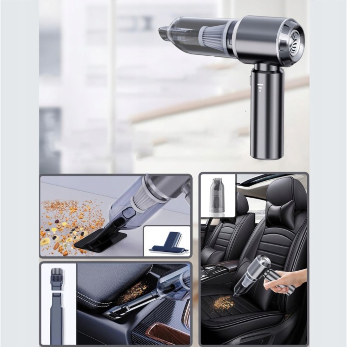 Aspirator Portabil Auto, Flippy, pentru Casa si Masina, 3 Viteze, Incarcator Tip-C cu Incarcare Rapida, Tub Prelungitor, 2000mAh, 7 Capete de Aspirare si Suflare, 21x20x6.5 cm, Negru