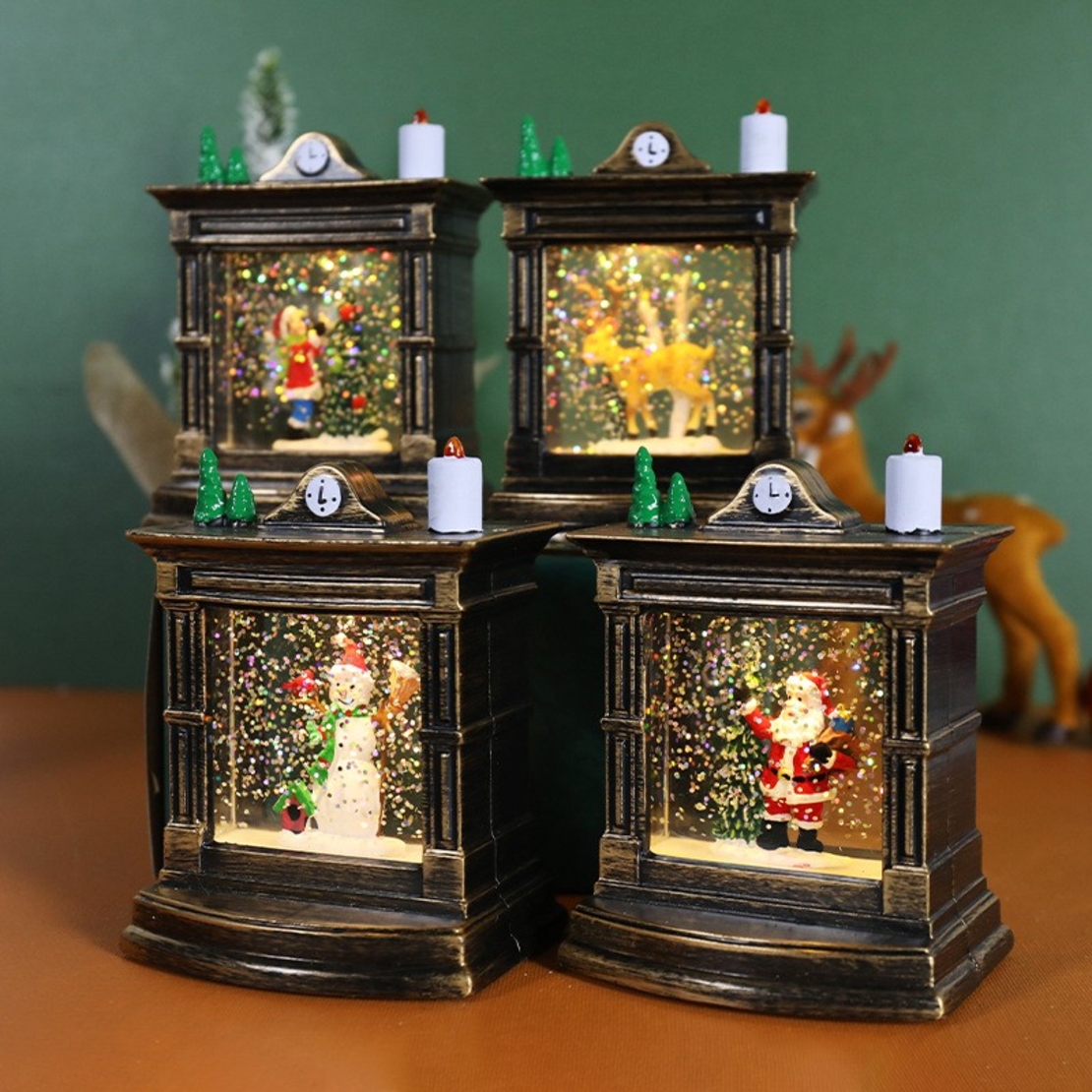 Decoratiune de Craciun tip Semineu / Ceas, Flippy, Glob de Cristal cu Fulgi de Zapada, Model Om de Zapada, Iluminare LED, 11.5 x 8.5 x 6.5 cm, Carcasa Vintage Bronze, Transparent