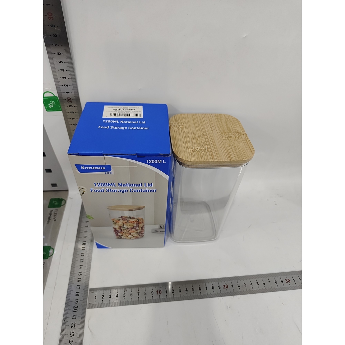 Cutie de Depozitare Alimente, Flippy, Cutie de tip Container, Cutie pentru Cereale, din Plastic, Capac din Bambuc, 10 x 10 x 19 cm, Volum 1.2l, Transparent
