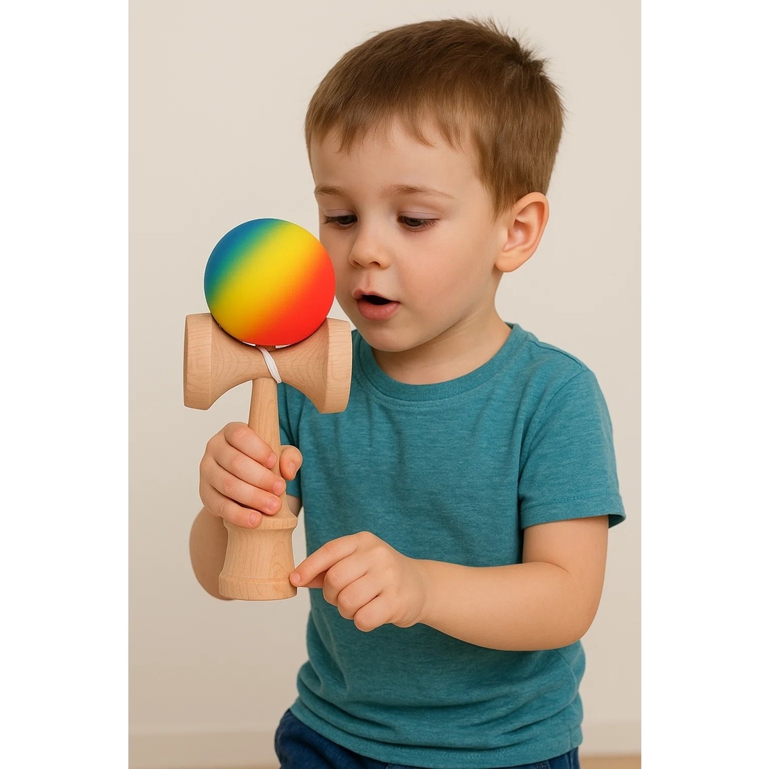 Jucarie Interactiva Kendama, Flippy, din Lemn, 18 cm, Joc de Indemanare pentru Copii si Adulti, Model Gradient 3, Rosu/Galben/Albastru