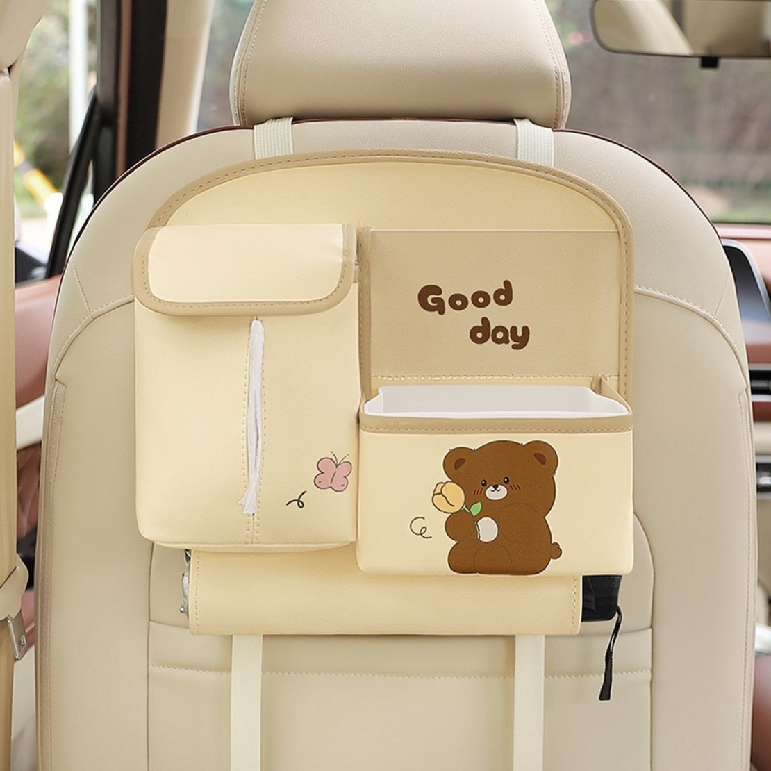 Geanta Multifunctionala de Depozitare, Flippy, pentru Bancheta din Spate a Masinii, Animat, Model Ursuleti, Scris Good Day, Suport Servetele si Telefon, 25x31 cm, Bej