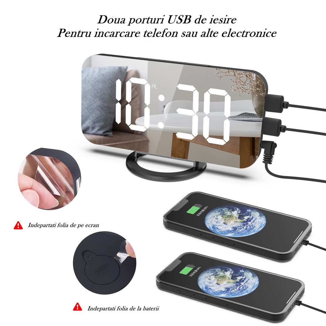 Ceas digital cu LED, Flippy, multifunctional, afisaj digital, alarma, 2 porturi USB de iesire, ecran tip oglinda, modern, 15.8 cm, alb