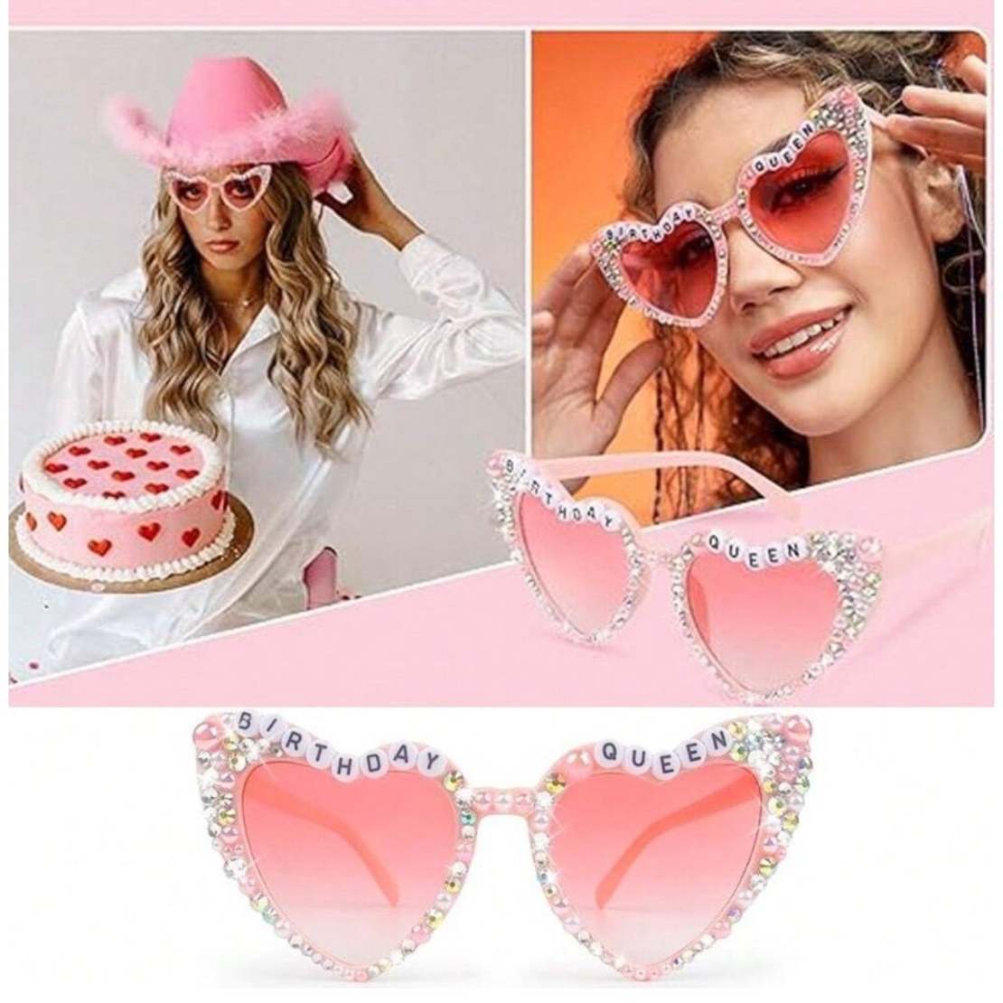 Ochelari Decorativi, Flippy, Model Birthday Queen, cu Diamante, pentru Aniversari, din PC, 15.3 x 5.7 x 14.5 cm, Roz