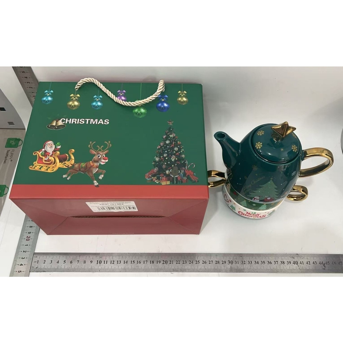 Set de Ceai, Flippy, Tema Craciun, Ceainic 450 ml, 2 x Cani 250 ml, din Ceramica, Model Brad, Verde/Turcoaz