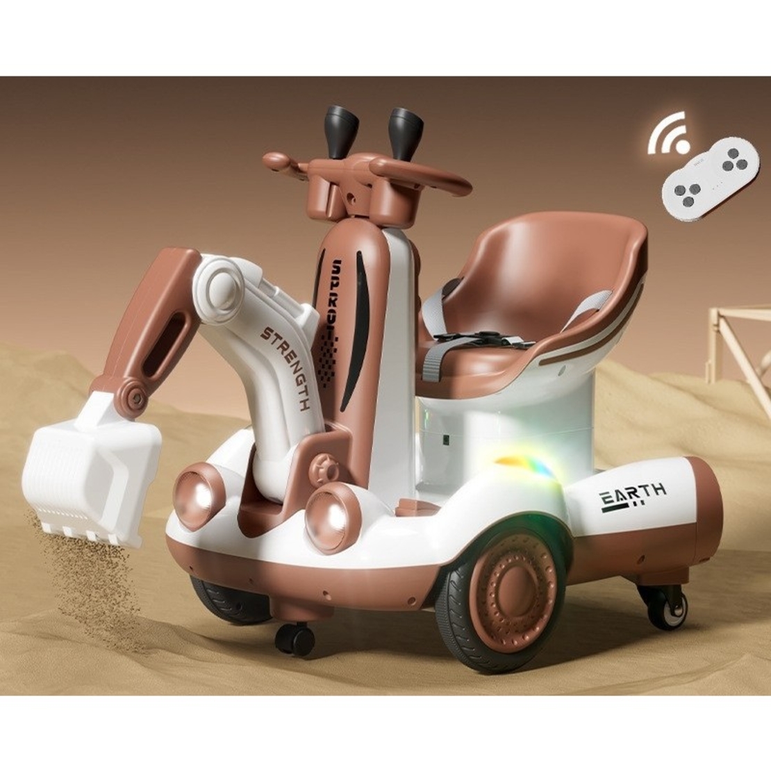 Excavator Electric, Flippy, pe 4 Roti Antiderapante, cu Telecomanda, Brat Controlat Electric, cu Telecomanda, +2 Ani, Maro