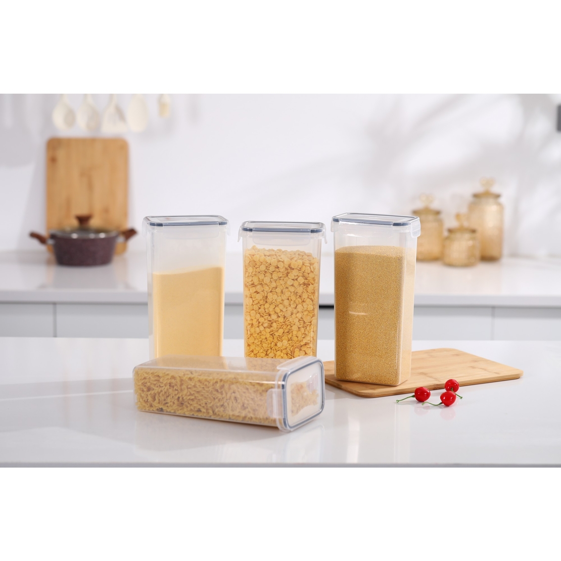 Set 4 Recipiente din Plastic, Flippy, pentru Alimente/Obiecte, Inchidere Ermetica, 4 x 2.8l, Transparent