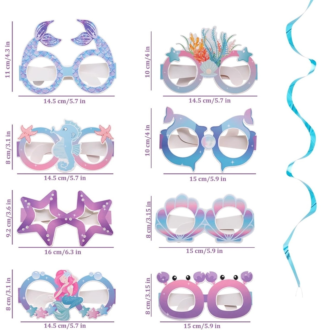 Set 8 Perechi de Ochelari Sirena, Flippy, Colectia Mermaid, Multicolor