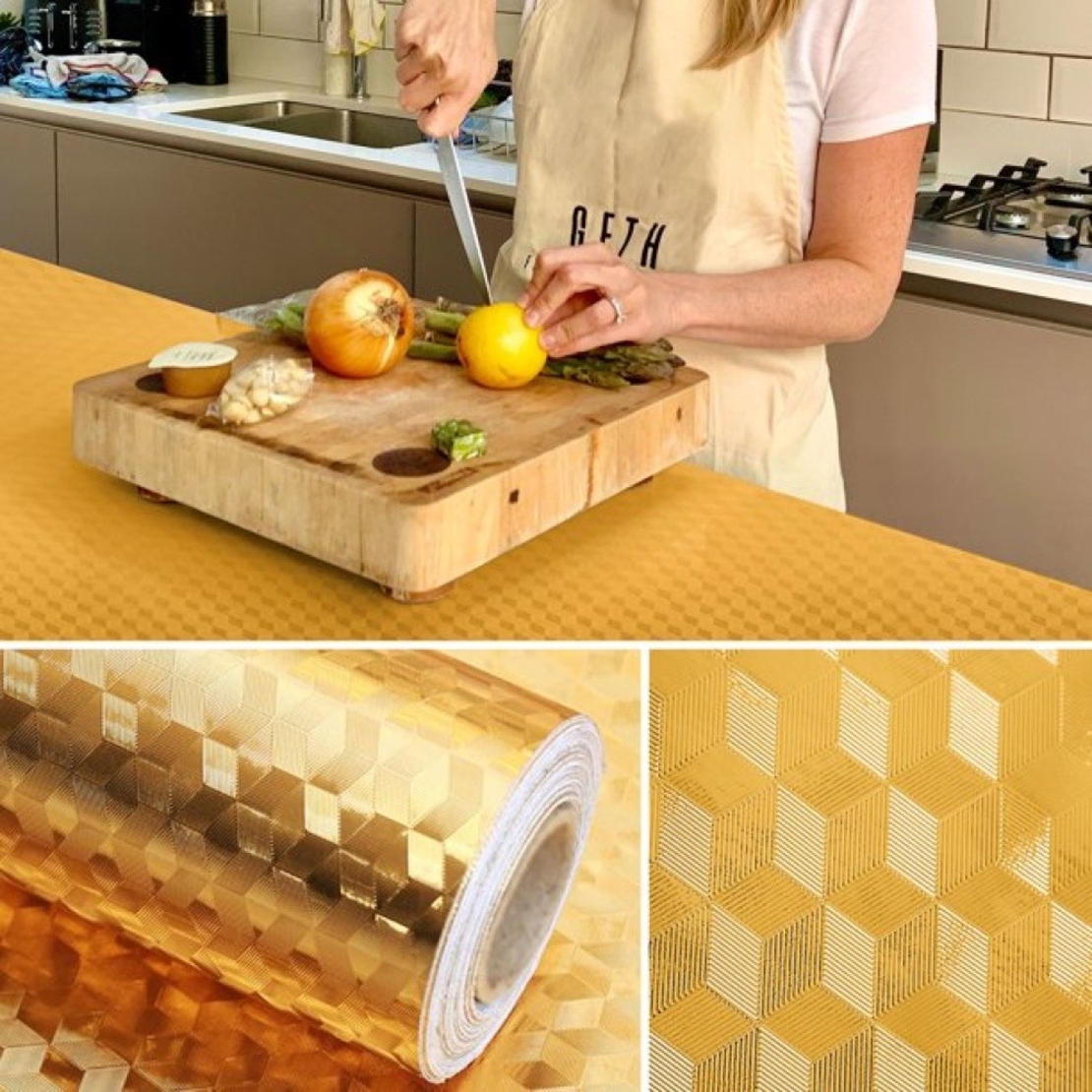 Autocolant de Bucatarie, Flippy, Autoadeziv, Impermeabil, Rezistent la Temperaturi Ridicate, din PVC, 60 x 100 cm, Model Cub 3D, Auriu