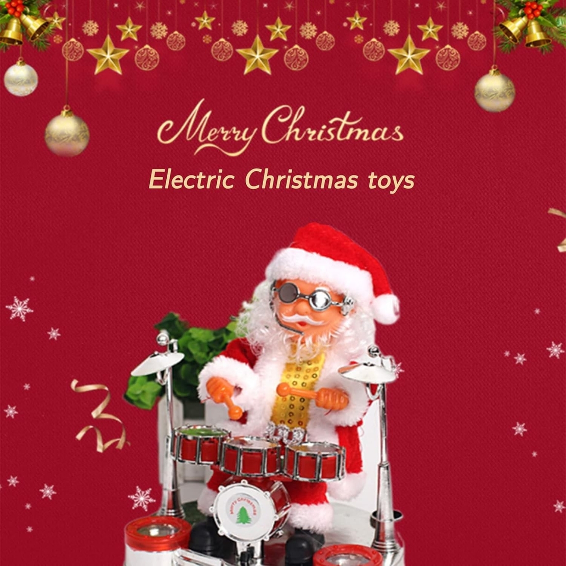 Decoratiune Mos Craciun, Flippy, Animat, care Canta si Danseaza, cu Tobe, Imbracat Festiv, 20x17 cm Inaltime, Rosu