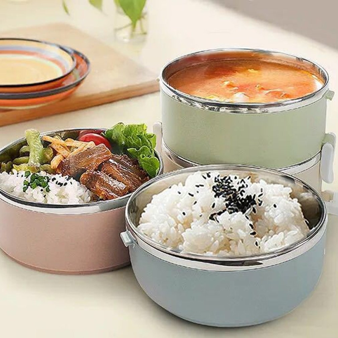 Set 2 Caserole pentru alimente Flippy, lunch box, 1400 ml, otel inoxidabil, maner, valva aerisire, 15.5 x 15 cm, inchidere etansa, multicolor