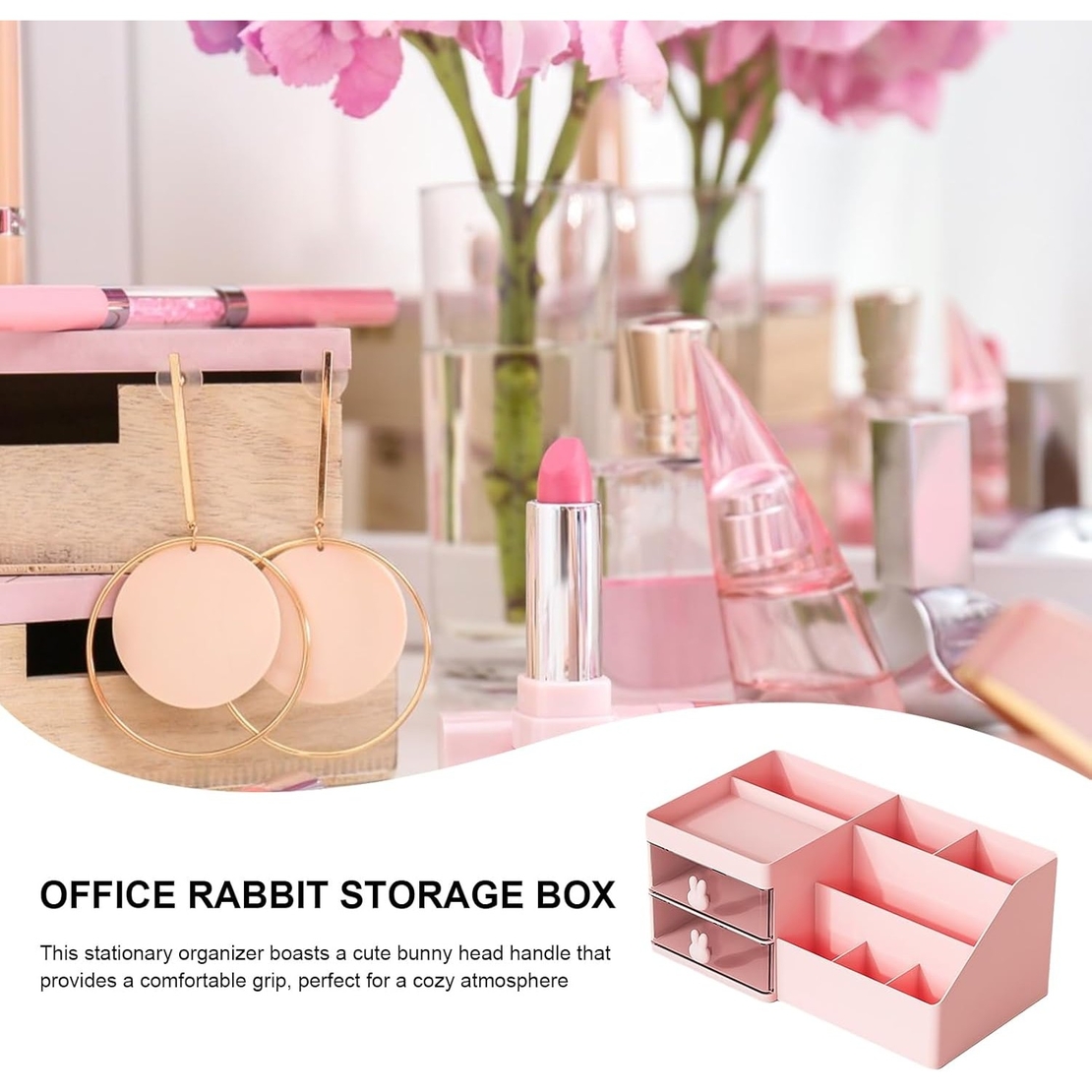 Cutie de Depozitare pentru Birou, Flippy, Pentru Makeup, Papetarie, Organizator Cosmetice, 2 Sertare si Compartimente Multiple, Model Iepuras, Plastic, 27.5x15.5x12 cm, Roz