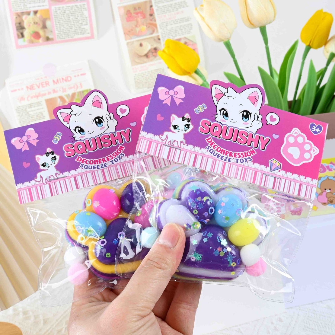 Jucarie Antistres Squishy, Flippy, Labuta de Pisica Squeeze Toys, cu Revenire Lenta, 7.5 cm, Model 270513, Multicolor