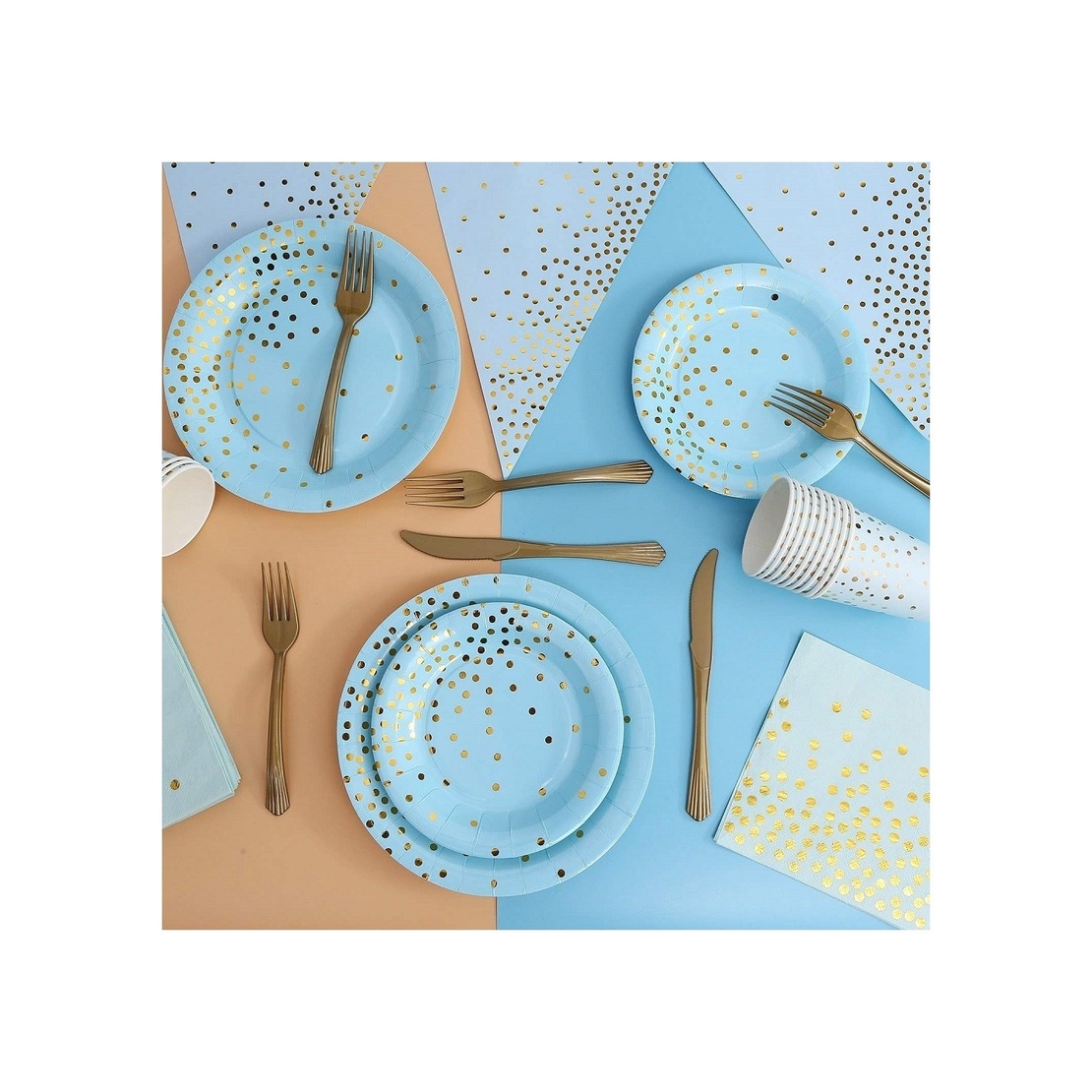 Set 20 de Servetele de Masa, Flippy, Imprimeu cu Buline Aurii, din Hartie, 17 x 17 cm, Albastru