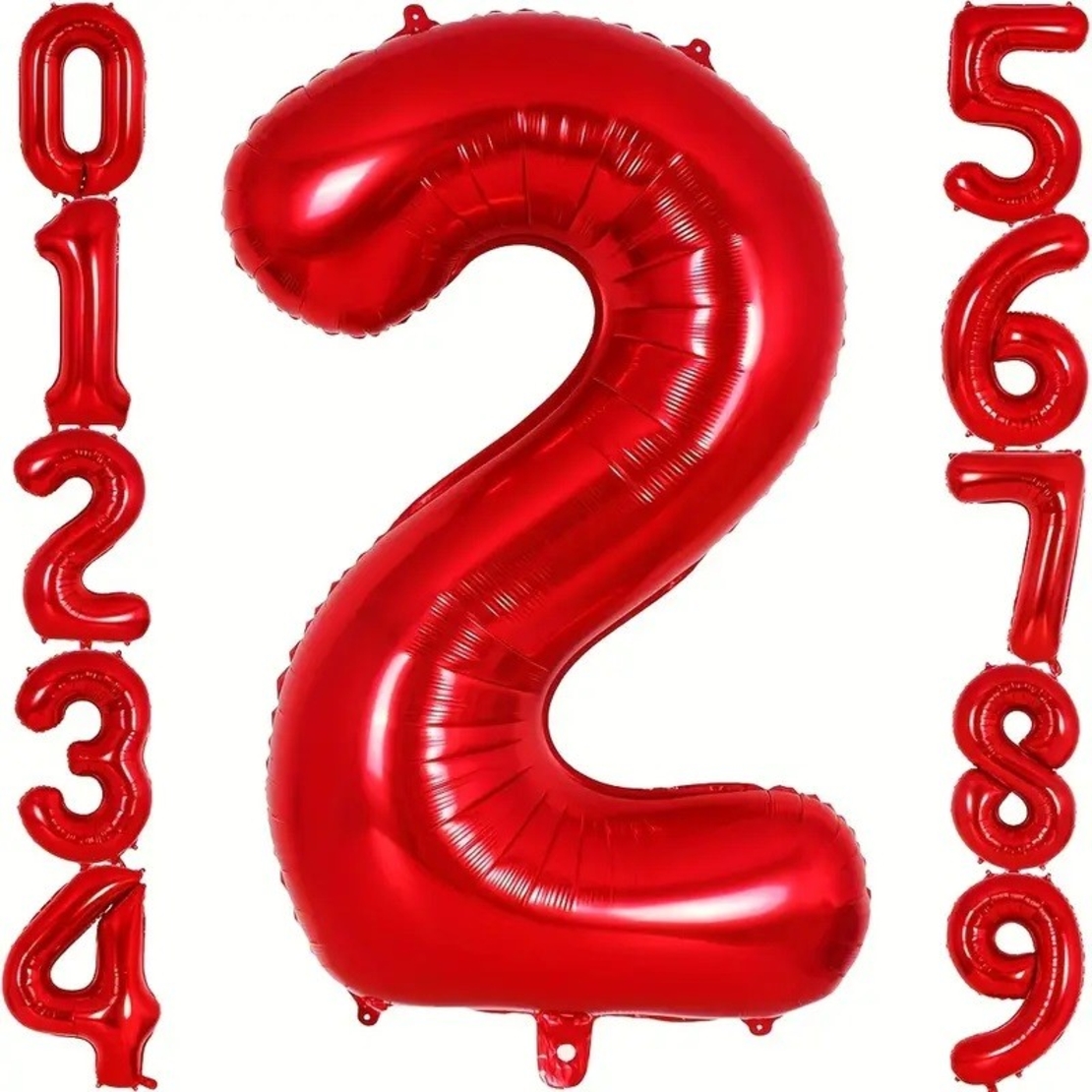 Balon din Folie Metalizata Flippy, Figurina Cifra, Tema Aniversare 80 cm, Ambalaj Individual, Pai inclus, Umflare cu Aer sau Heliu, Rosu, Cifra 2