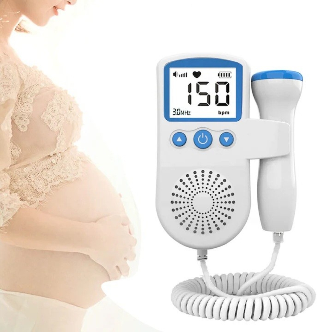 Monitor Fetal Doppler, Flippy, Monitorizare Sarcina, Ritm Cardiac, Ecran LCD 4.5 cm, 2 x Baterii AA (neincluse), Portabil, din ABS, 12.8 x 9.6 x 3 cm, Utilizare de la 9 Saptamani, Albastru