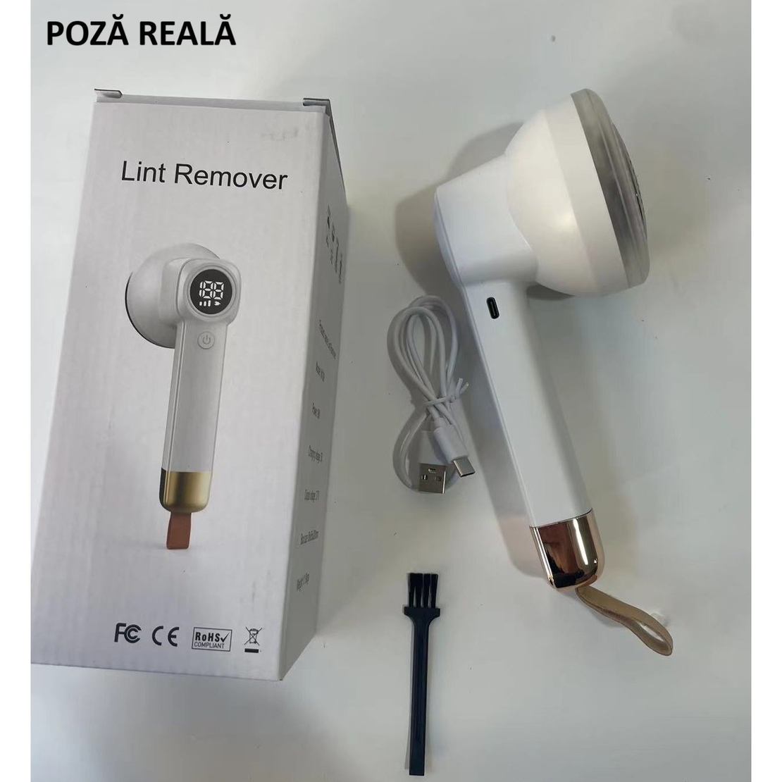 Aparat Pentru Curatat Scame, Par Si Praf, Flippy, Pentru Diferite Tipuri De Material, Cu Lame Din Otel Inoxidabil, Incarcare Prin USB Type-C, Cu Perie De Curatare si Cablu USB Incluse, Alb, 20 x 8.8 x 8.5 cm