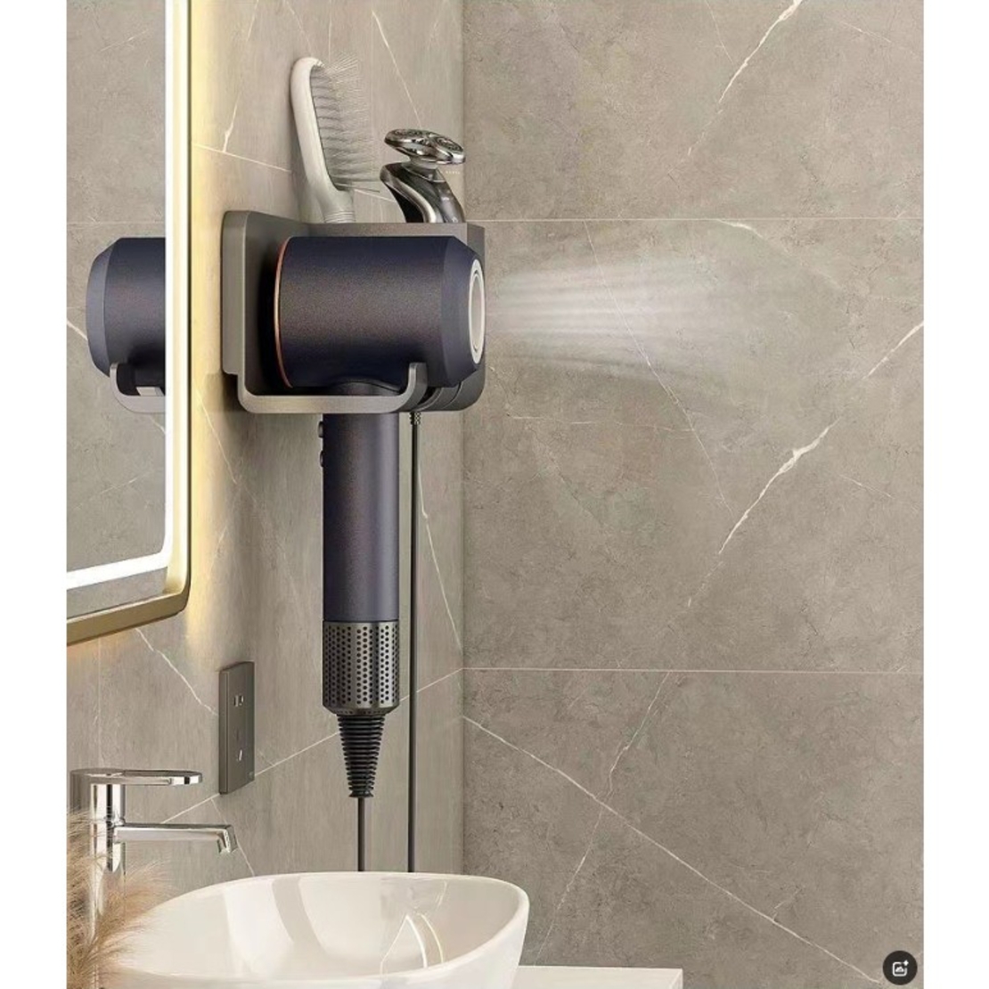 Suport de Baie, Flippy, pentru Uscator de Par, cu Organizator Dublu, din Plastic, Aplicare cu Suport Adeziv, 23 x 8.8 x 9.5 cm, Gri