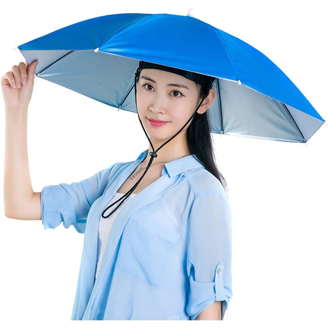 Umbrela de Cap, Flippy, Diametru 69 cm, Snur Reglabil de Cap, Protectie UV/Ploaie, Albastru Inchis