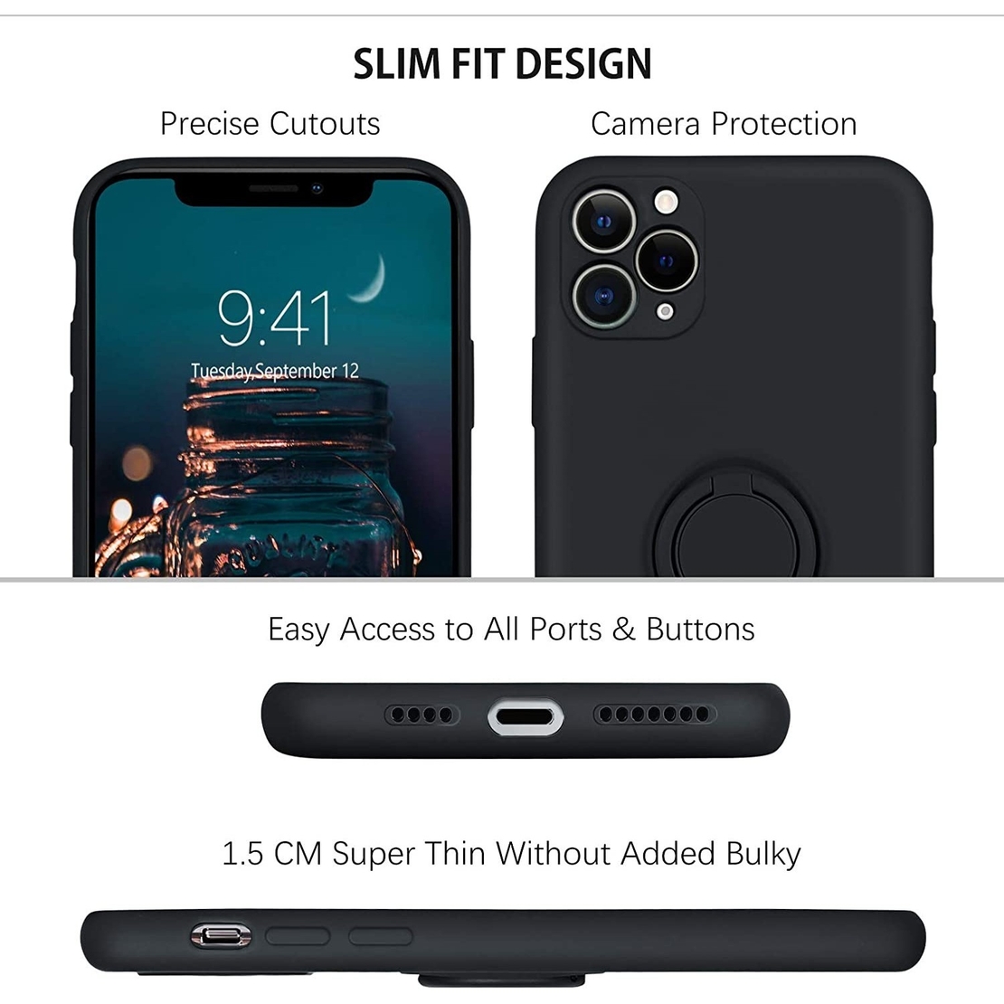 Husa protectie Flippy compatibila cu Apple iPhone 11 Pro Max Liquid Silicone Ring cu suport rotativ Negru