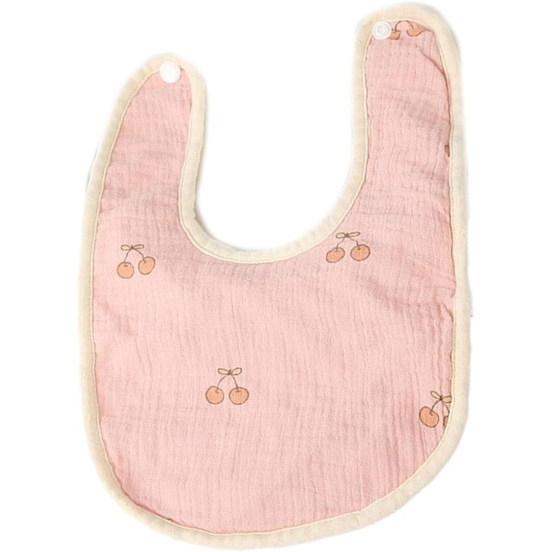 Baveta in Forma de U, Flippy, din Bumbac, pentru Copii 0-12 Luni, Rezistenta la Apa, cu Capse, Model cu Cirese,  21x30 cm, Roz