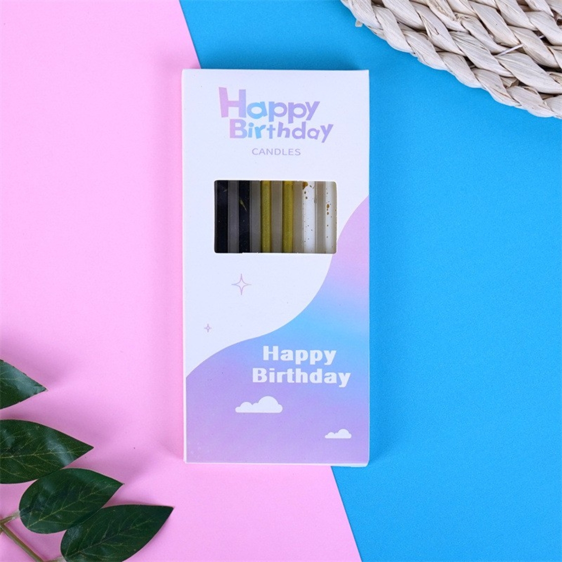 Set 6 Lumanari Lungi, Flippy, din Parafina, 10 x 0.5 cm, Happy Birthday, Alb/Negru/Auriu