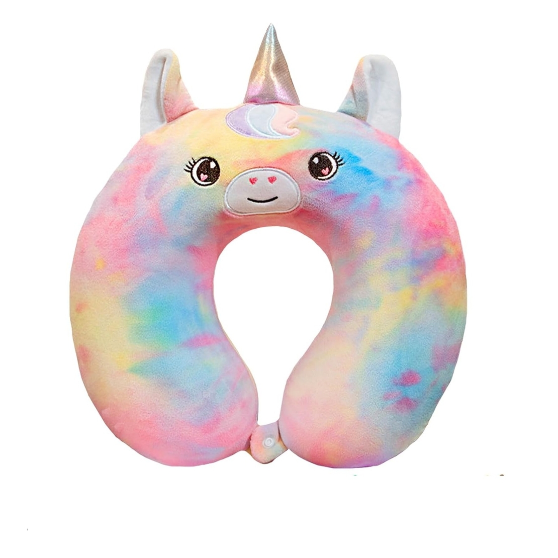 Perna de Calatorie in Forma de U, Flippy, Pentru Gat si Cap, Umplutura din Spuma cu Memorie, 30x30 cm, Model Unicorn, Accesoriu de Voiaj, Birou, Masina, Sistem Prindere Capse, Multicolor