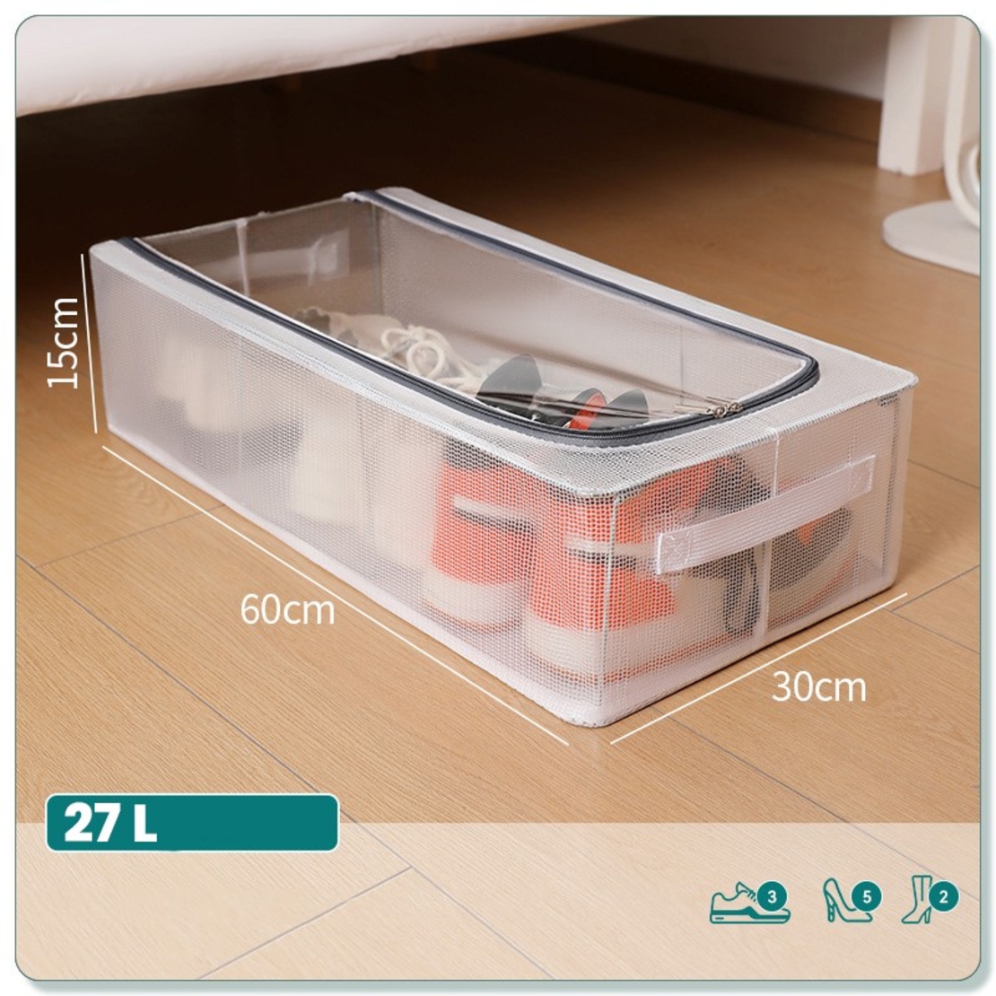 Cutie de Depozitare, Flippy, pentru Pantofi Haine, din Plasa PVC Impermeabila si Cadru de Otel, Pliabila, Fermoar Bidirectional, 60 x 30 x 15 cm, Transparenta